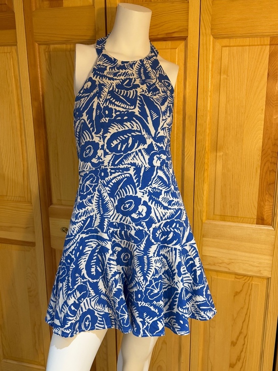 Dresses & Skirts - PARKER blue / white tropical print ruffled halterneck mini dress S